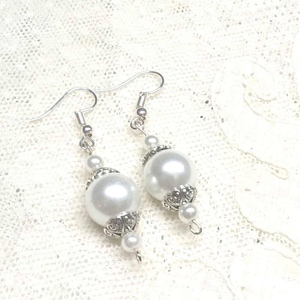 Handmade White Pearl Bead Earrings, Wedding Faux Pearl Earrings